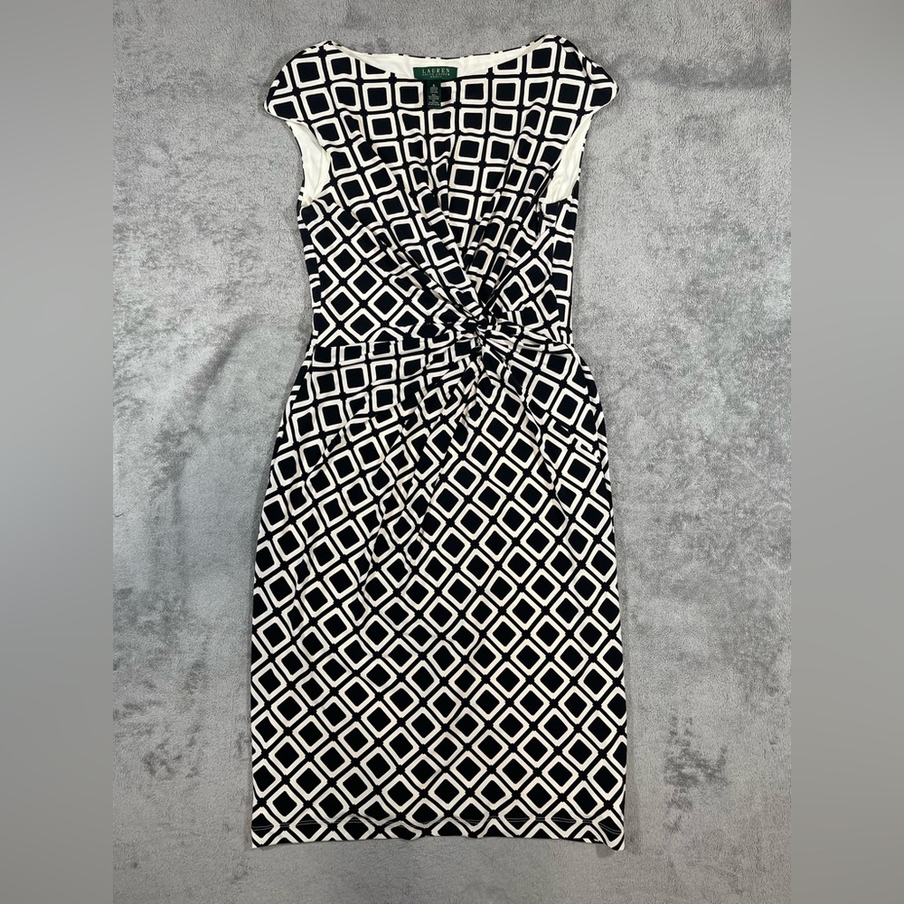 Lauren Ralph Lauren Black White Geometric Sheath Dress Twist Front Cap Sleeve